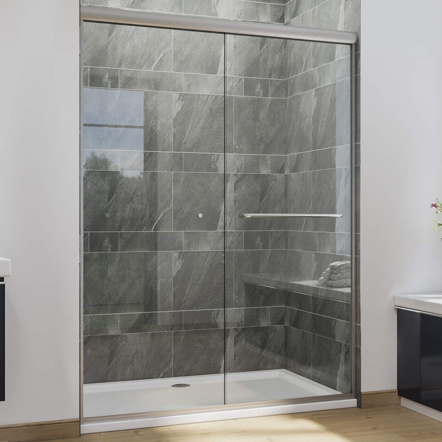 Semi-Frameless Double Sliding Shower Door - 1/4" Glass, Chrome, 48"W x72"H