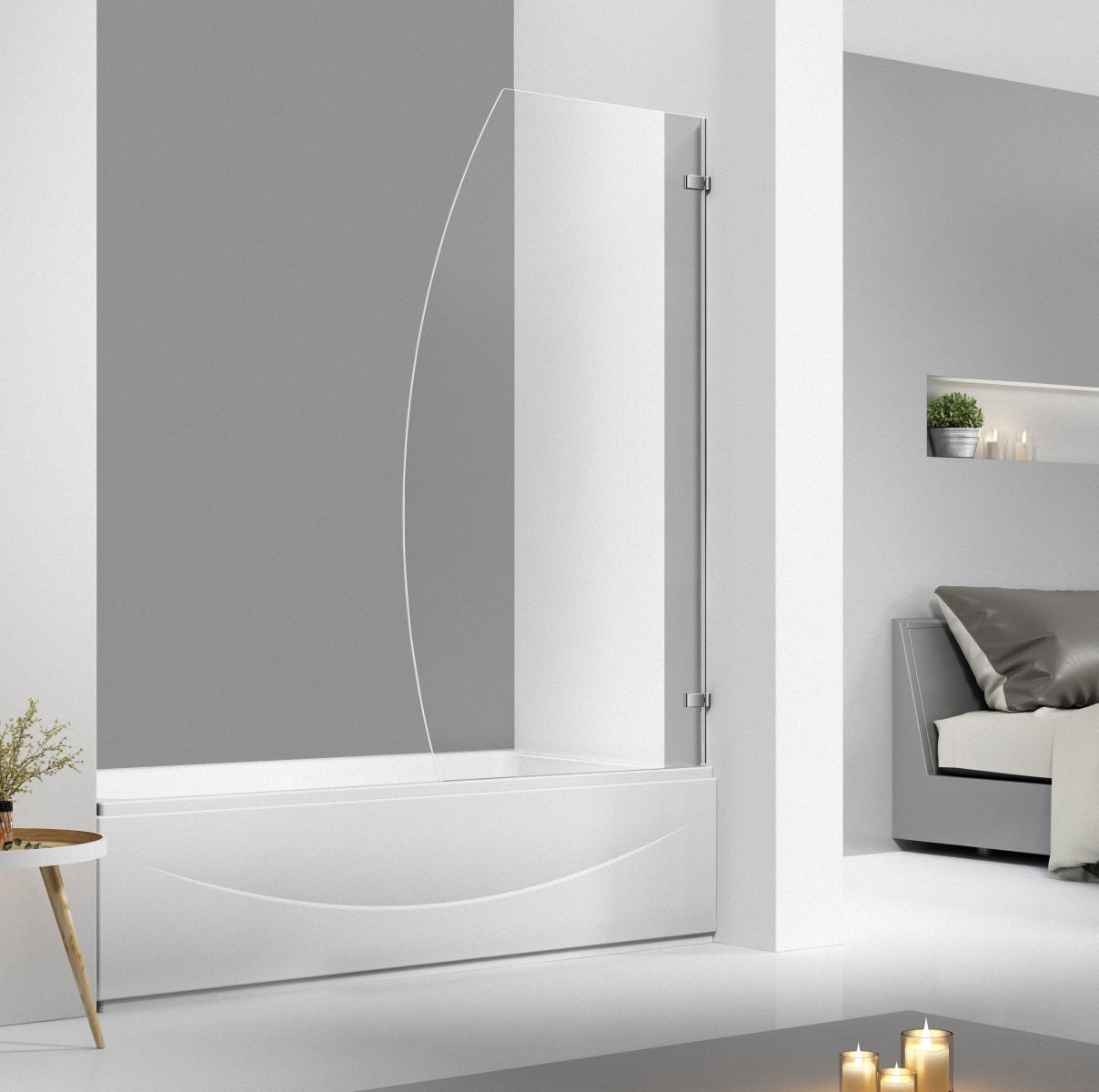 6mm Tempered Glass Bath Screen – Stainless Steel Wall Hinges PC-1C