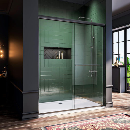 Semi-Frameless Sliding Shower Door,60 in. W x 72 in. H,Black Hardware Double Sliding Glass Shower Enclosure