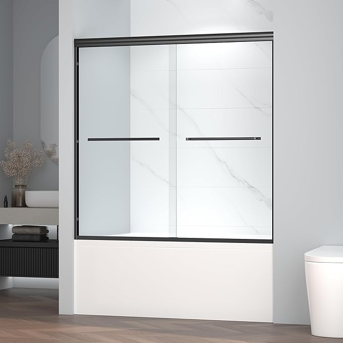 Semi-Frameless Bypass Sliding Tub Shower Door - 60"W x58"H, Easy-Clean Tempered Glass, Chrome