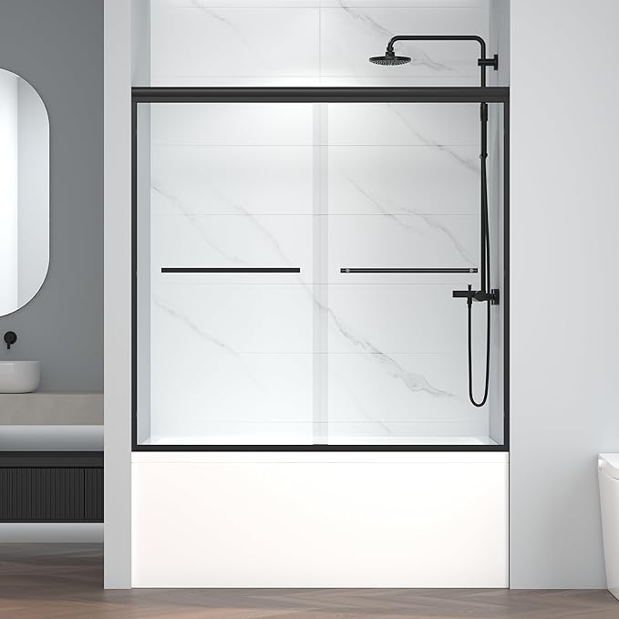 Semi-Frameless Bypass Sliding Tub Shower Door - 60"W x58"H, Easy-Clean Tempered Glass, Chrome