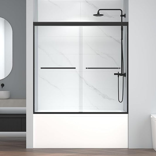 Semi-Frameless Bypass Sliding Tub Shower Door - 60"W x58"H, Easy-Clean Tempered Glass, Chrome