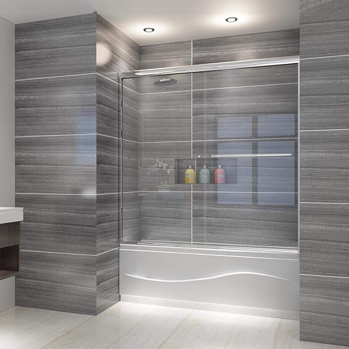 Semi-Frameless Bypass Sliding Tub Glass Door - 58.5-60"W x57 3/8"H, 1/4" Clear Tempered Glass, Brushed Nickel