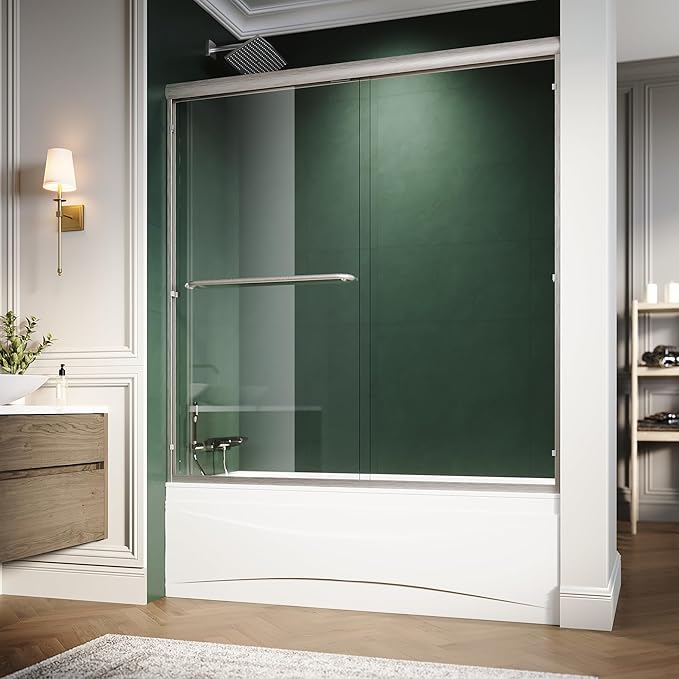 Semi-Frameless Bypass Sliding Tub Glass Door - 58.5-60"W x57 3/8"H, 1/4" Clear Tempered Glass, Brushed Nickel