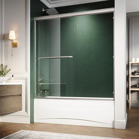 Semi-Frameless Bypass Sliding Tub Glass Door - 58.5-60"W x57 3/8"H, 1/4" Clear Tempered Glass, Brushed Nickel