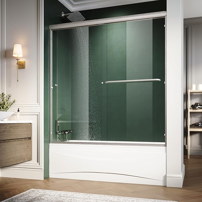 Semi-Frameless Bypass Sliding Tub Glass Door - 58.5-60"W x57 3/8"H, 1/4" Clear Tempered Glass, Brushed Nickel