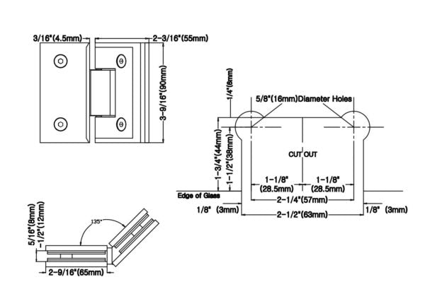 90° Frameless Glass Shower Door Hinge, 304 Stainless Steel, Brushed PVD Coating, Bathroom
