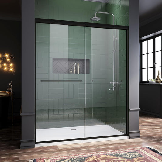 Semi-Frameless Sliding Shower Door，60 in. W x 72 in. H，Black Hardware Double Sliding Glass Shower Enclosure