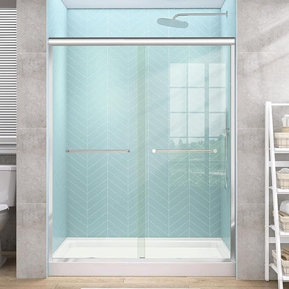Semi-Frameless Double Sliding Shower Door - 57-60"W x72"H, 1/4" Tempered Glass, Brushed Nickel