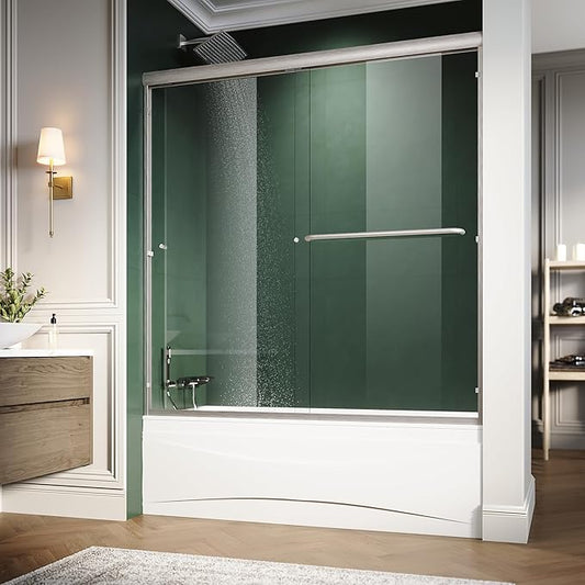 Semi-Frameless Bypass Sliding Tub Glass Door - 58.5-60"W x57 3/8"H, 1/4" Clear Tempered Glass, Brushed Nickel